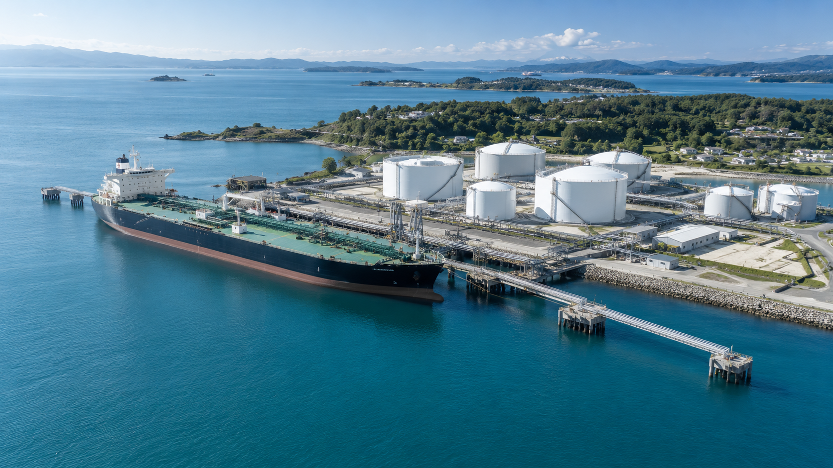 Illustrative aerial view of an international liquid cargo terminal